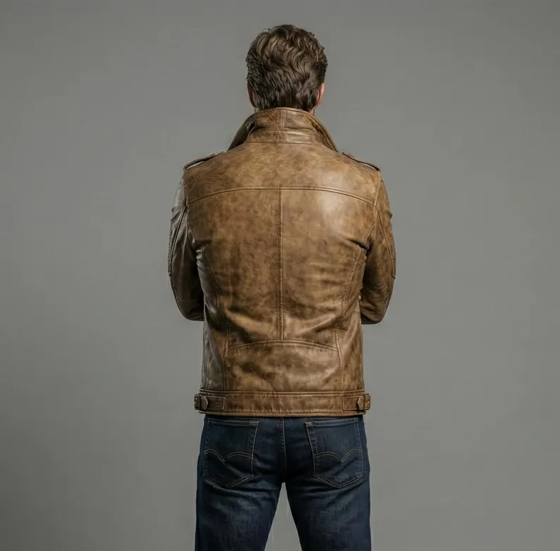 Camel Color Gothic Embossed Leather Jacket Mens – Winter Streetwear Coat - Image 4