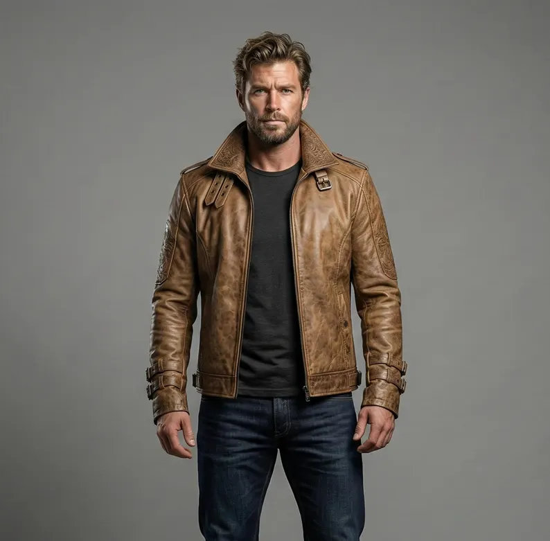 Camel Color Gothic Embossed Leather Jacket Mens – Winter Streetwear Coat