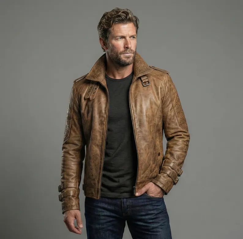 Camel Color Gothic Embossed Leather Jacket Mens – Winter Streetwear Coat - Image 3