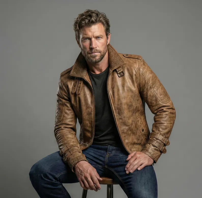 Camel Color Gothic Embossed Leather Jacket Mens – Winter Streetwear Coat - Image 5