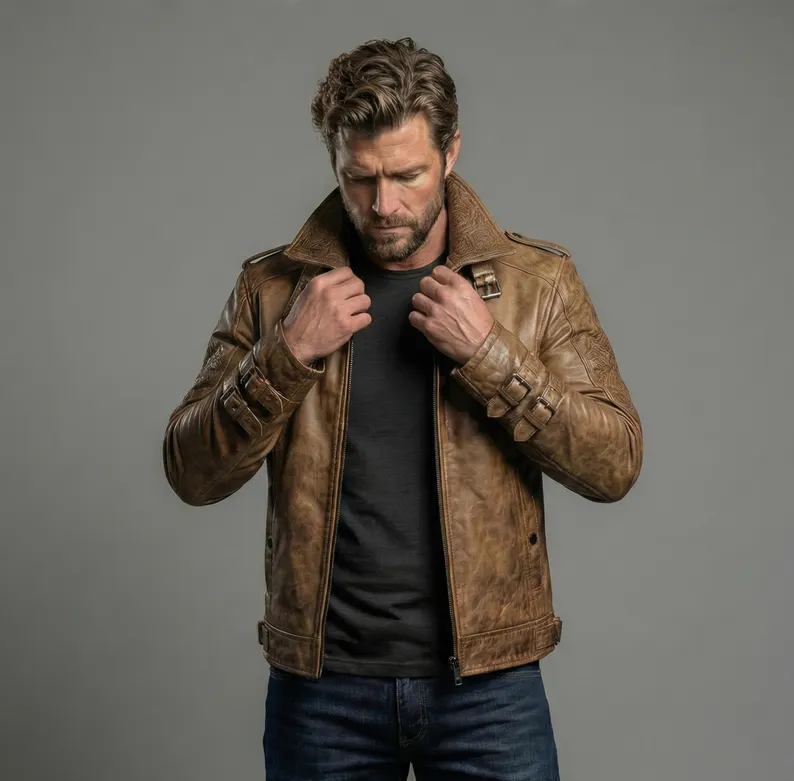 Camel Color Gothic Embossed Leather Jacket Mens – Winter Streetwear Coat - Image 2