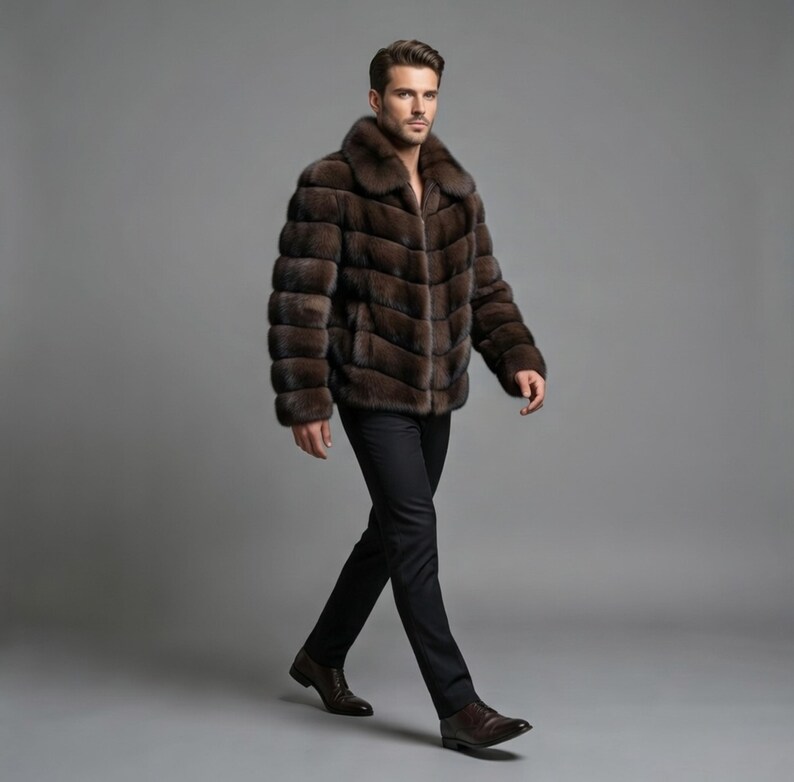 Men’s Brown Faux Fur Jacket, Luxury Winter Coat for Men, Premium Synthetic Fur Jacket, Warm Streetwear Outerwear, Custom Winter Jacket - Image 3