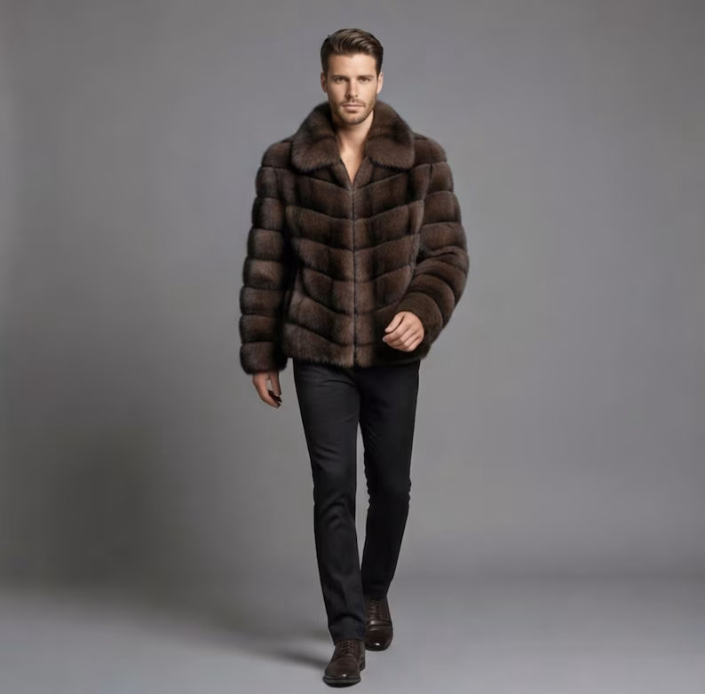 Men’s Brown Faux Fur Jacket, Luxury Winter Coat for Men, Premium Synthetic Fur Jacket, Warm Streetwear Outerwear, Custom Winter Jacket