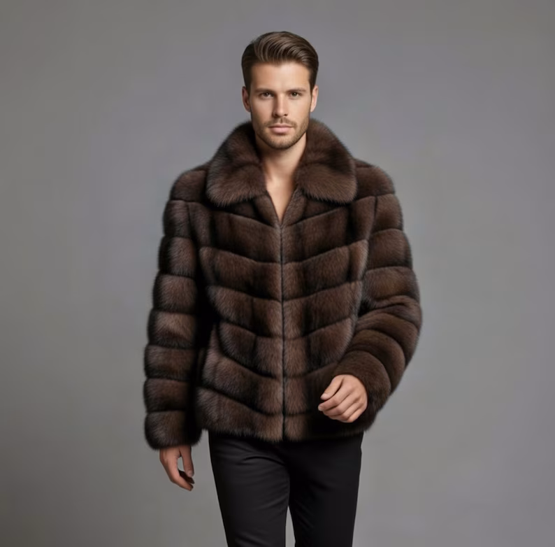 Men’s Brown Faux Fur Jacket, Luxury Winter Coat for Men, Premium Synthetic Fur Jacket, Warm Streetwear Outerwear, Custom Winter Jacket - Image 2