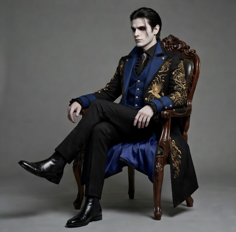 Victorian Gothic Vampire Coat for Halloween - Blue & Gold Embroidered Steampunk Tailcoat for Mens - Image 4