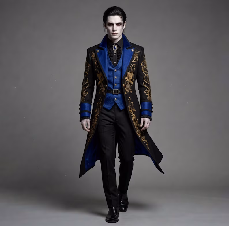 Victorian Gothic Vampire Coat for Halloween - Blue & Gold Embroidered Steampunk Tailcoat for Mens