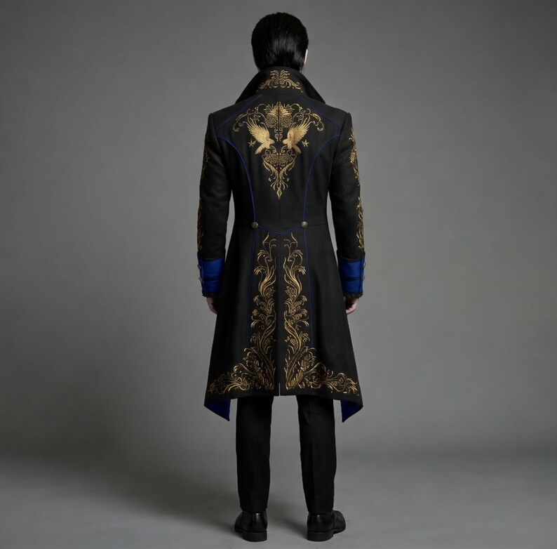 Victorian Gothic Vampire Coat for Halloween - Blue & Gold Embroidered Steampunk Tailcoat for Mens - Image 3