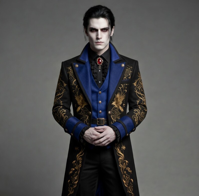 Victorian Gothic Vampire Coat for Halloween - Blue & Gold Embroidered Steampunk Tailcoat for Mens - Image 2