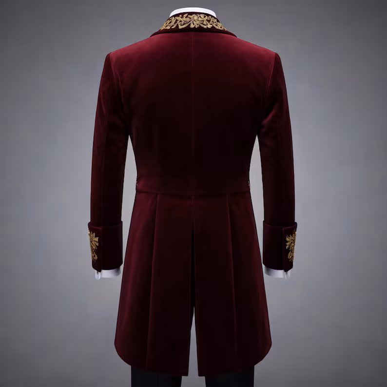 Burgundy Gothic Victorian Tailcoat Mens, Velvet Embroidered Wedding Coat, Baroque Prince Jacket, Groom Outfit, Steampunk Formal Coat - Image 3