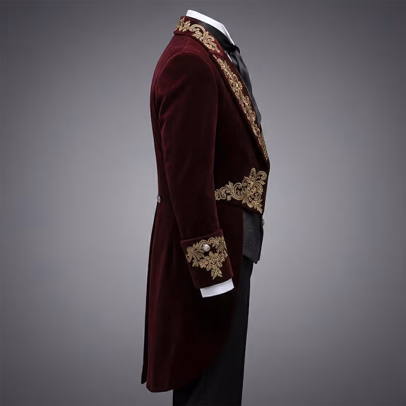 Burgundy Gothic Victorian Tailcoat Mens, Velvet Embroidered Wedding Coat, Baroque Prince Jacket, Groom Outfit, Steampunk Formal Coat - Image 2