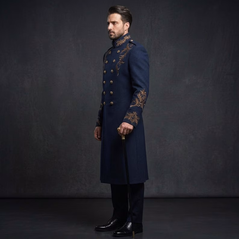 Royal Victorian Military Coat for Men, Navy Blue Gold Embroidered Formal Jacket, Gothic Prince Outfit - Image 3