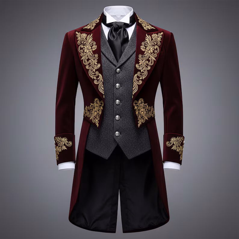 Burgundy Gothic Victorian Tailcoat Mens, Velvet Embroidered Wedding Coat, Baroque Prince Jacket, Groom Outfit, Steampunk Formal Coat