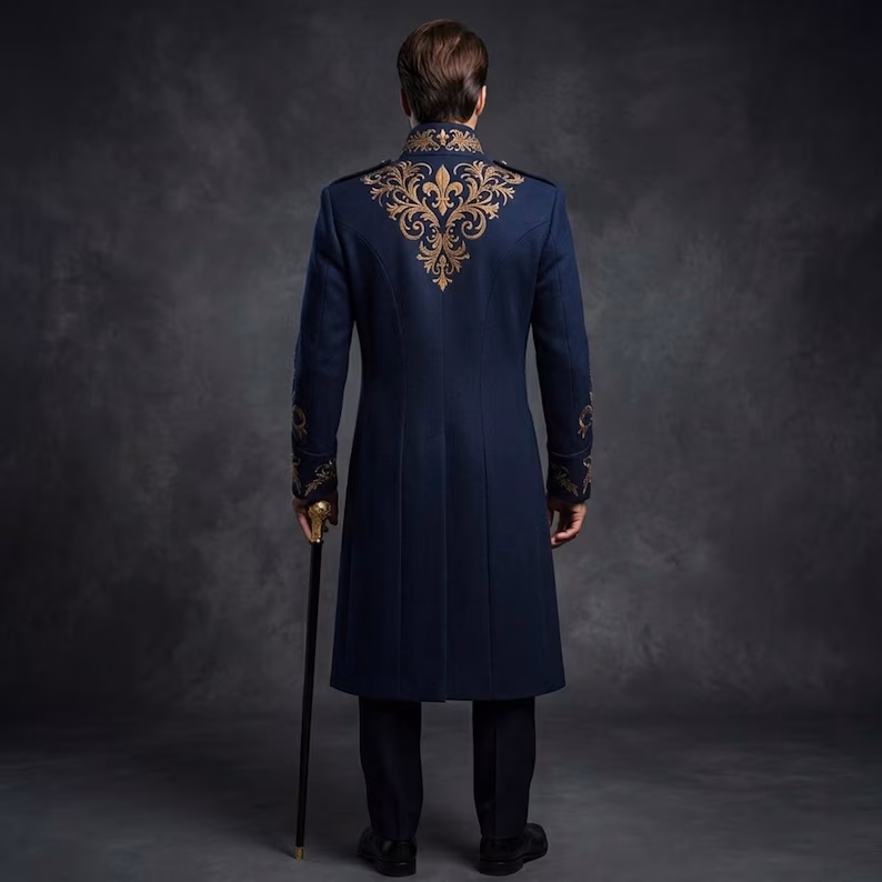 Royal Victorian Military Coat for Men, Navy Blue Gold Embroidered Formal Jacket, Gothic Prince Outfit - Image 2