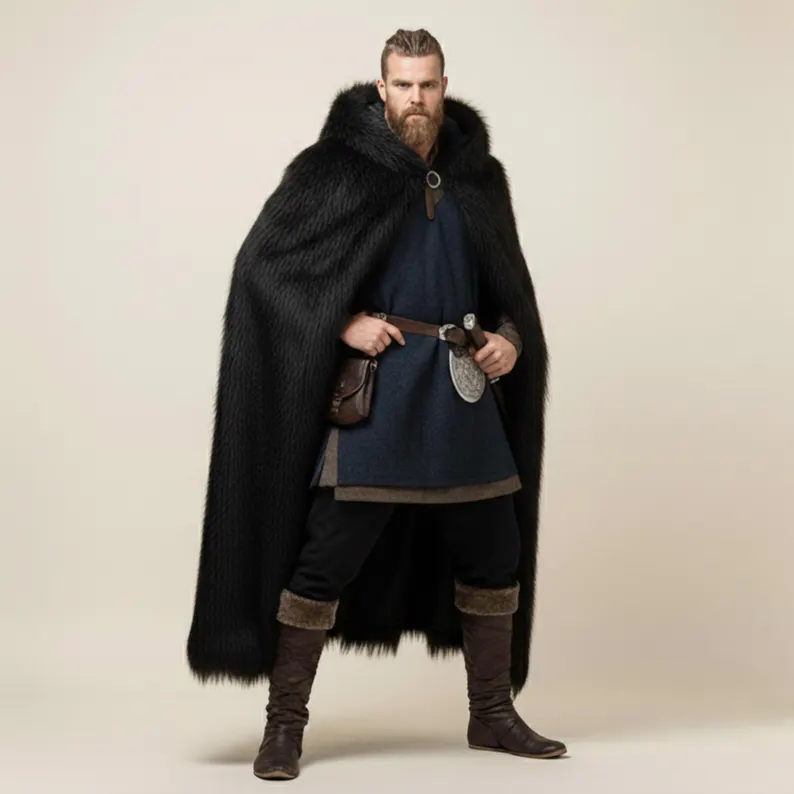 Luxurious Men’s Viking Hooded Cloak – Festive Black Faux Fur Winter Cape