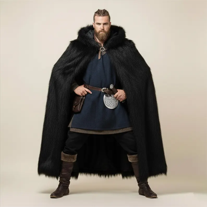 Luxurious Men’s Viking Hooded Cloak – Festive Black Faux Fur Winter Cape - Image 2