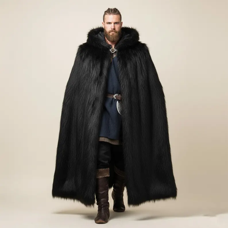 Luxurious Men’s Viking Hooded Cloak – Festive Black Faux Fur Winter Cape - Image 3