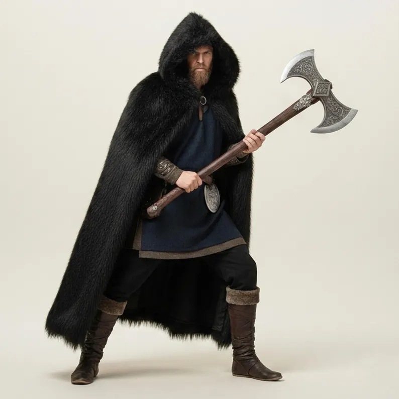 Luxurious Men’s Viking Hooded Cloak – Festive Black Faux Fur Winter Cape - Image 4