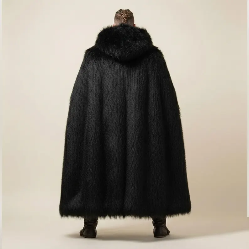 Luxurious Men’s Viking Hooded Cloak – Festive Black Faux Fur Winter Cape - Image 5