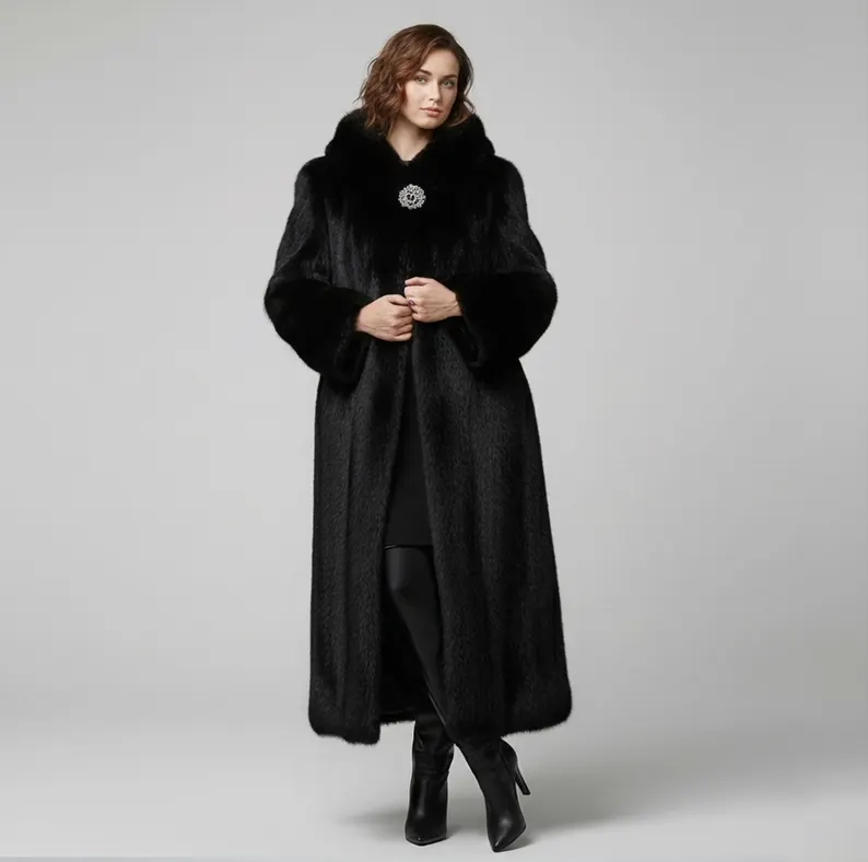Women’s Black Faux Fur Coat, Luxury Winter Jacket, Warm Streetwear Outerwear, Premium Synthetic Fur Coat, Handmade Custom Coat