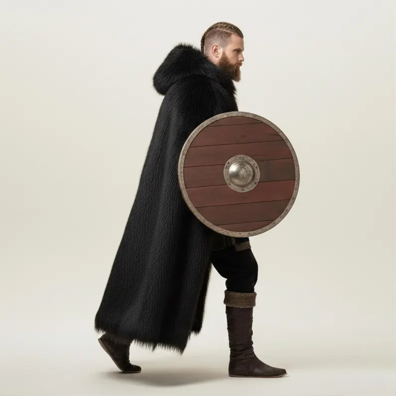 Luxurious Men’s Viking Hooded Cloak – Festive Black Faux Fur Winter Cape - Image 6