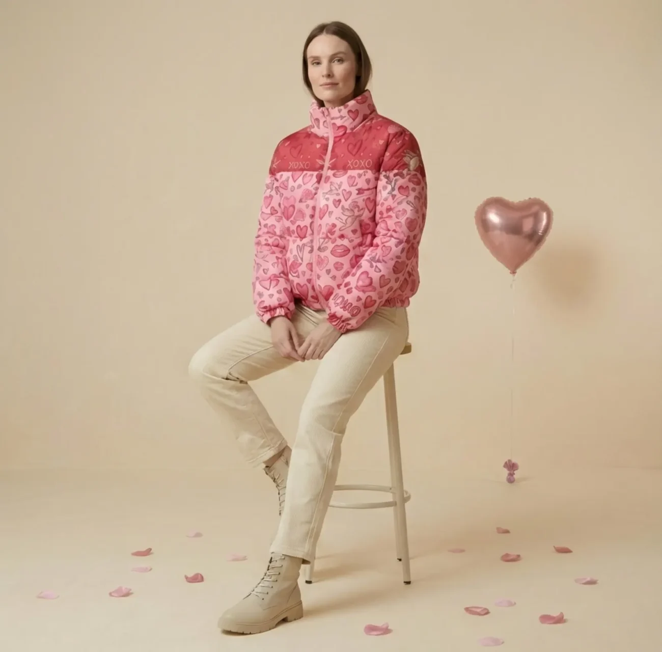 Women’s Valentine Heart Puffer Jacket – Pink Love Print Winter Jacket - Image 3