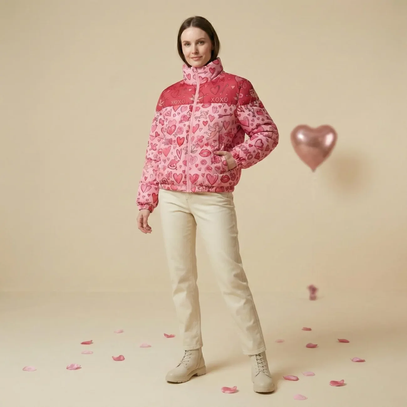 Women’s Valentine Heart Puffer Jacket – Pink Love Print Winter Jacket