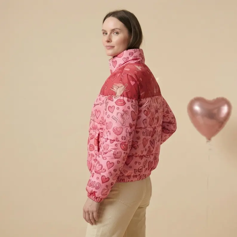 Women’s Valentine Heart Puffer Jacket – Pink Love Print Winter Jacket - Image 2