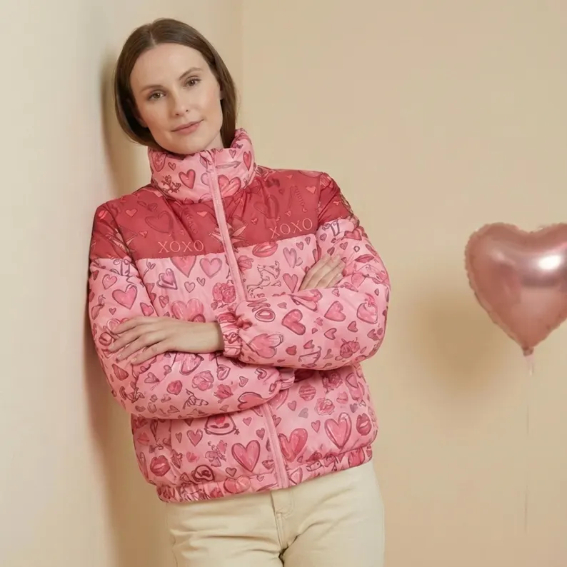 Women’s Valentine Heart Puffer Jacket – Pink Love Print Winter Jacket - Image 4