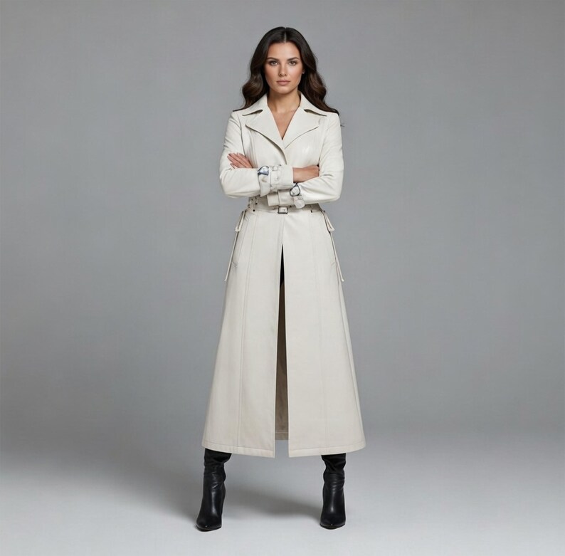 Women White Leather Trench Coat, Long Gothic Steampunk Jacket, Vampire Fashion Outerwear for Women - Image 3