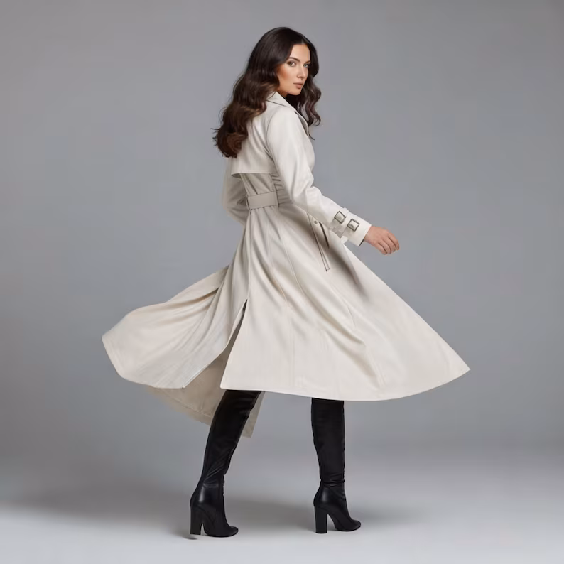 Women White Leather Trench Coat, Long Gothic Steampunk Jacket, Vampire Fashion Outerwear for Women - Image 4