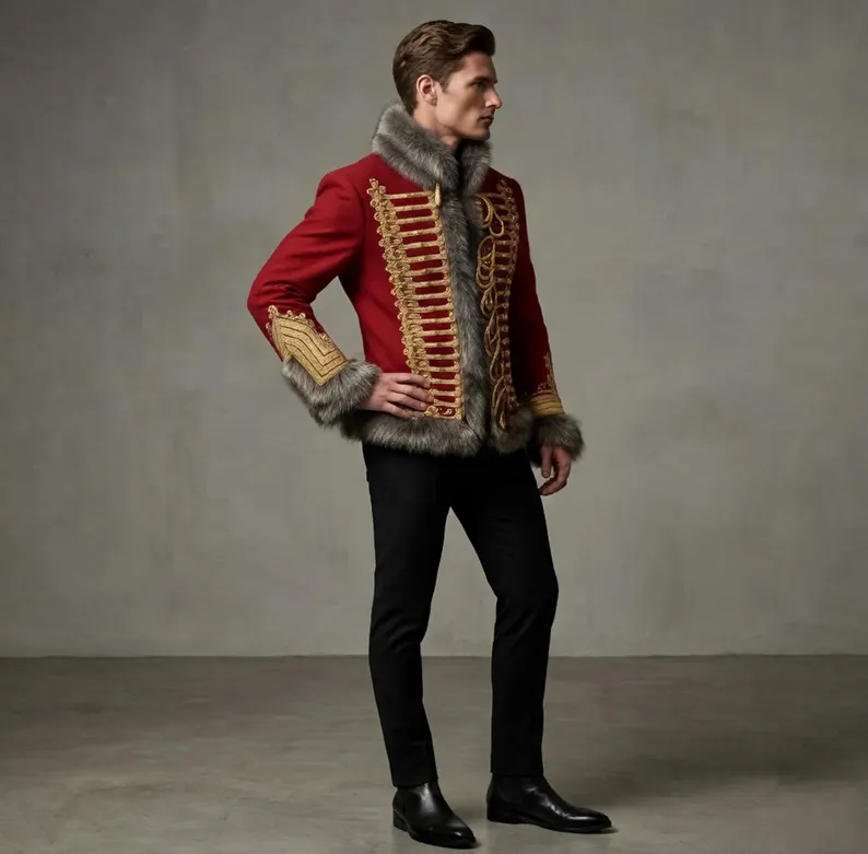 Red Hussar Jacket, Napoleonic Brunswick Officer Pelisse Tunic, Historical Military Uniform, 18th Century Military Fashion - Image 6