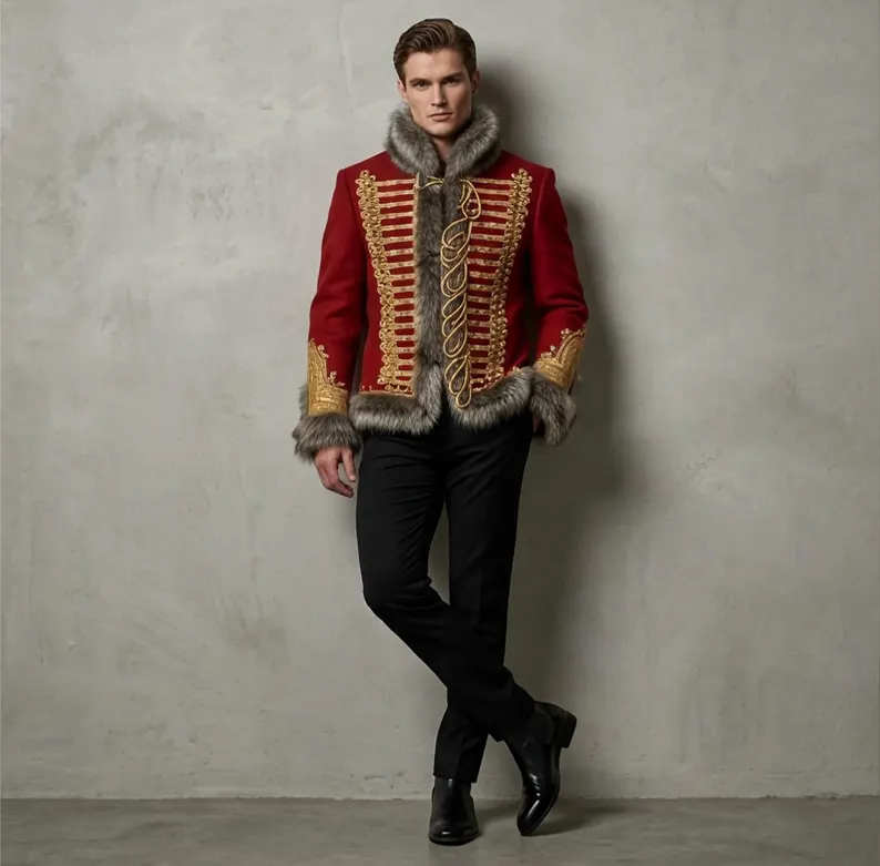 Red Hussar Jacket, Napoleonic Brunswick Officer Pelisse Tunic, Historical Military Uniform, 18th Century Military Fashion - Image 4