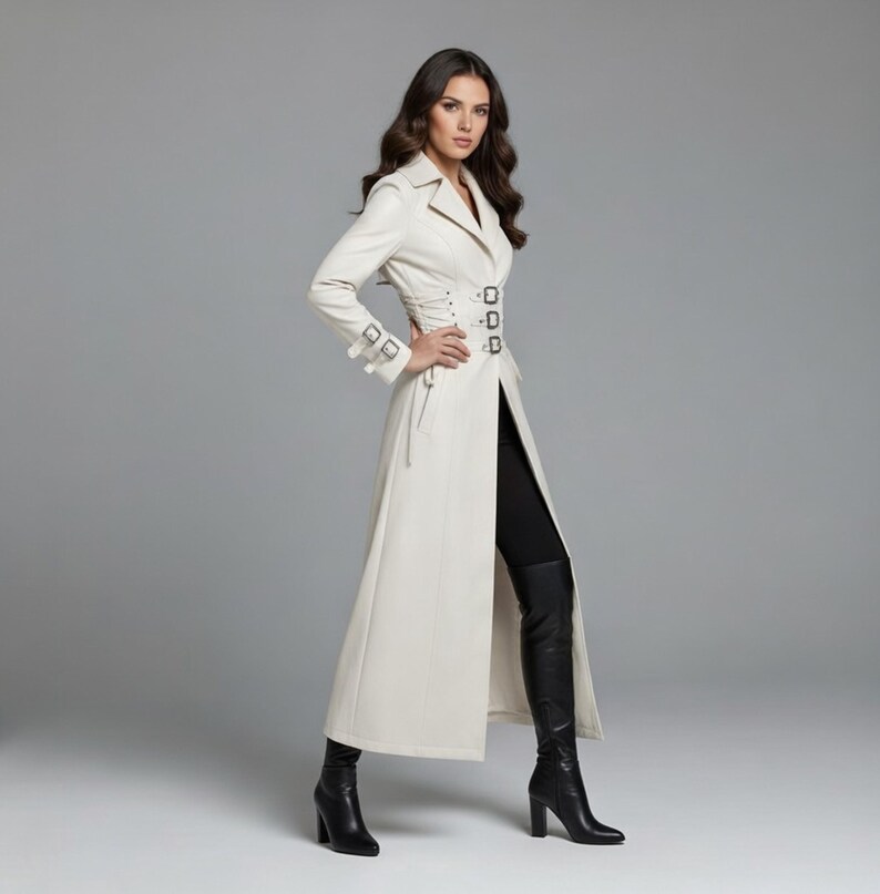 Women White Leather Trench Coat, Long Gothic Steampunk Jacket, Vampire Fashion Outerwear for Women - Image 2