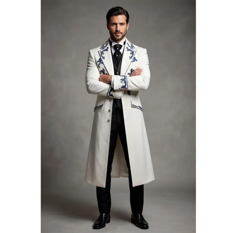 Luxury Gothic Victorian Tailcoat for Men, Blue Embroidered White Steampunk Long Jacket, Wedding Formal Suit - Image 5