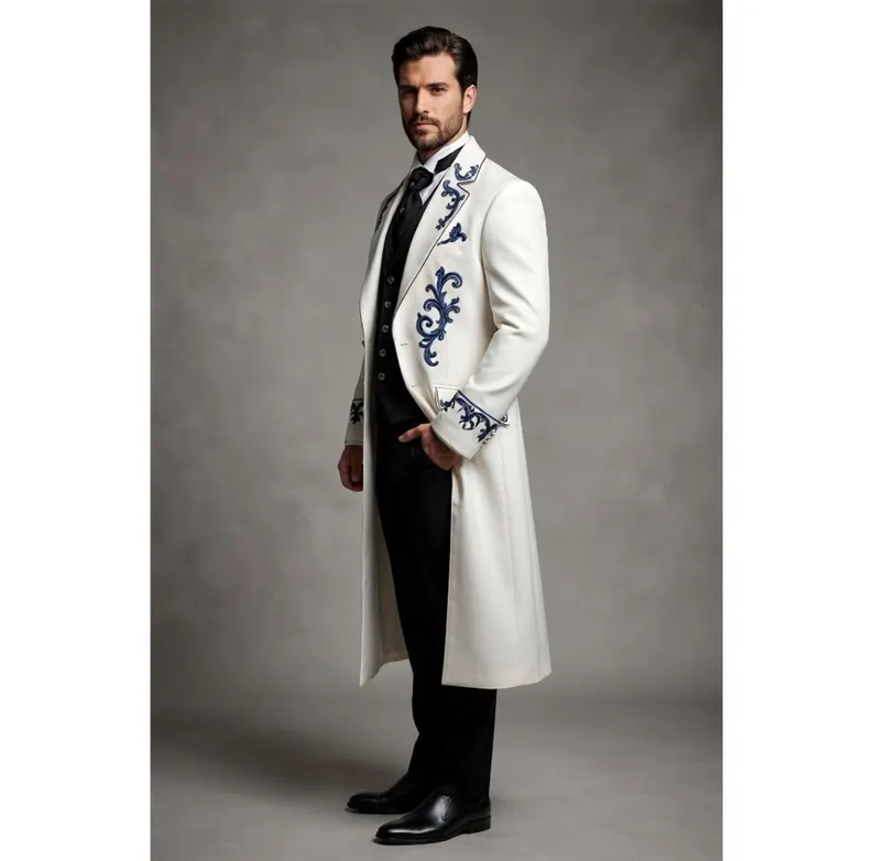 Luxury Gothic Victorian Tailcoat for Men, Blue Embroidered White Steampunk Long Jacket, Wedding Formal Suit - Image 3