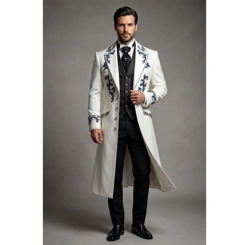 Luxury Gothic Victorian Tailcoat for Men, Blue Embroidered White Steampunk Long Jacket, Wedding Formal Suit