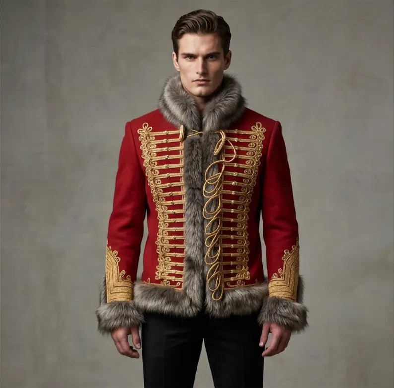 Red Hussar Jacket, Napoleonic Brunswick Officer Pelisse Tunic, Historical Military Uniform, 18th Century Military Fashion