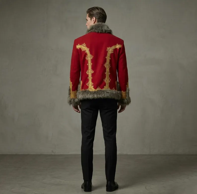 Red Hussar Jacket, Napoleonic Brunswick Officer Pelisse Tunic, Historical Military Uniform, 18th Century Military Fashion - Image 3