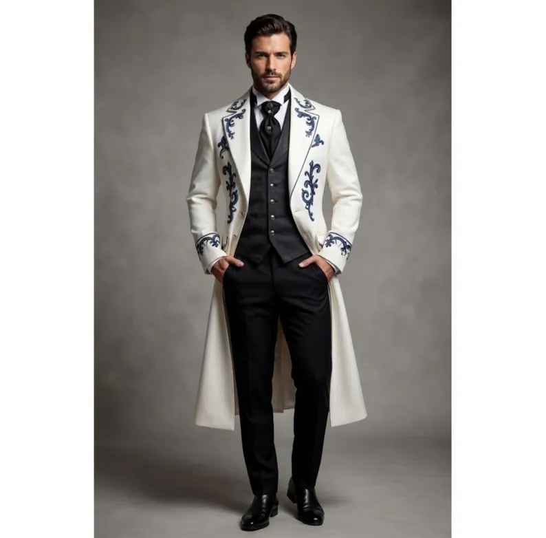Luxury Gothic Victorian Tailcoat for Men, Blue Embroidered White Steampunk Long Jacket, Wedding Formal Suit - Image 2