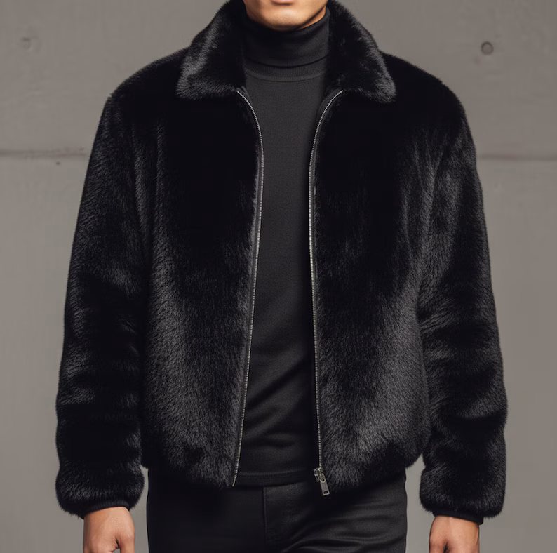 Men’s Black Faux Fur Jacket, Luxury Winter Coat for Men, Premium Synthetic Fur Jacket, Warm Streetwear Outerwear, Handmade Custom Coat