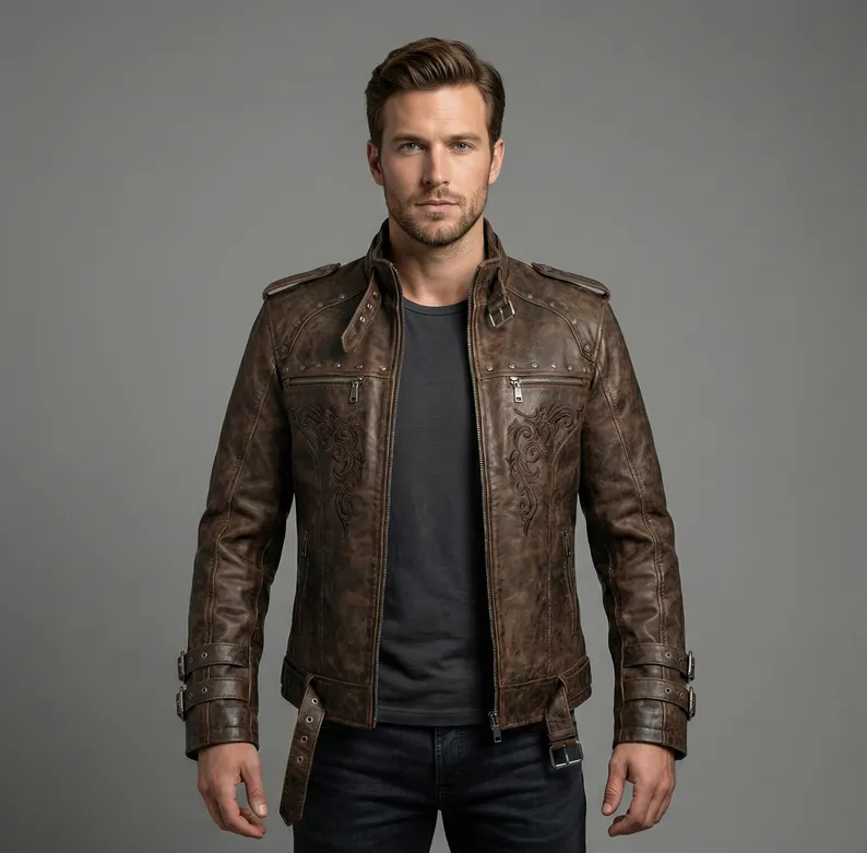 Brown Gothic Embroidered Leather Jacket Mens – Winter Streetwear Coat