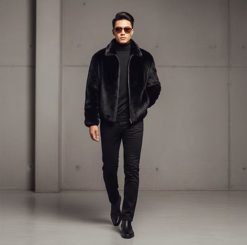 Men’s Black Faux Fur Jacket, Luxury Winter Coat for Men, Premium Synthetic Fur Jacket, Warm Streetwear Outerwear, Handmade Custom Coat - Image 3