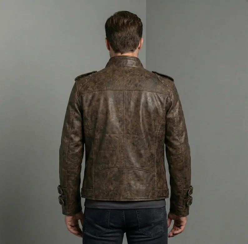 Brown Gothic Embroidered Leather Jacket Mens – Winter Streetwear Coat - Image 5
