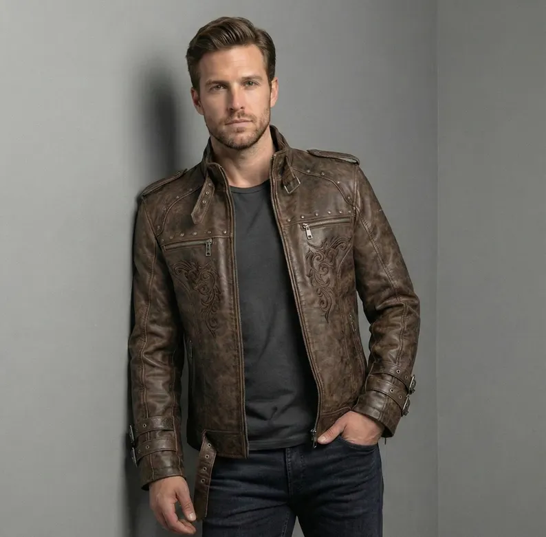Brown Gothic Embroidered Leather Jacket Mens – Winter Streetwear Coat - Image 4