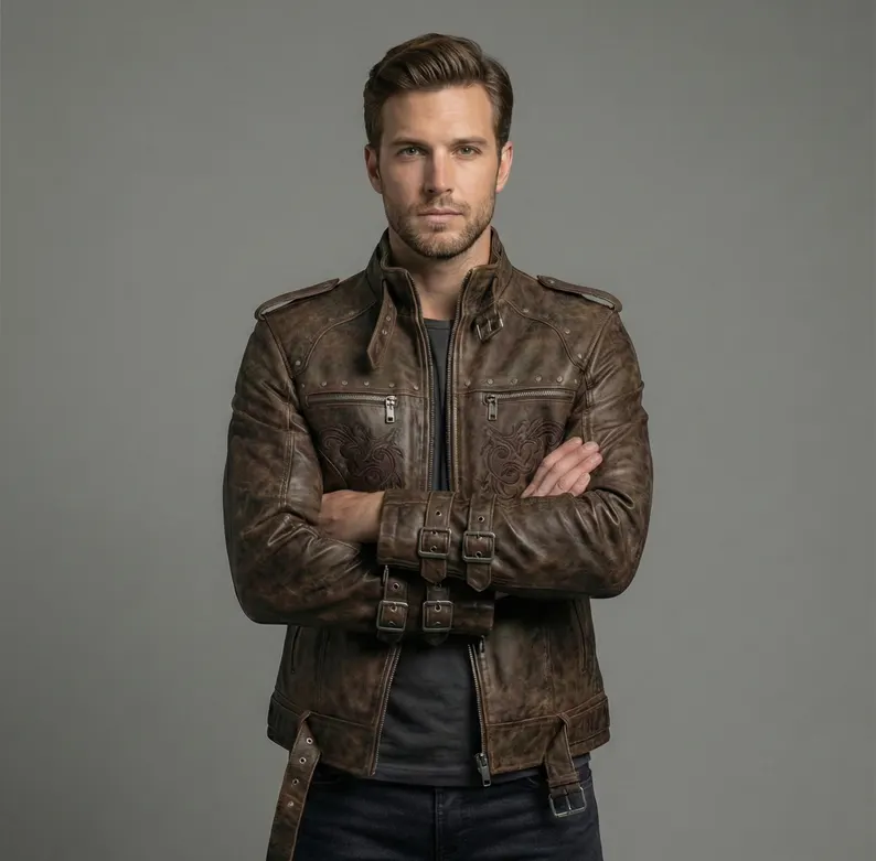 Brown Gothic Embroidered Leather Jacket Mens – Winter Streetwear Coat - Image 3