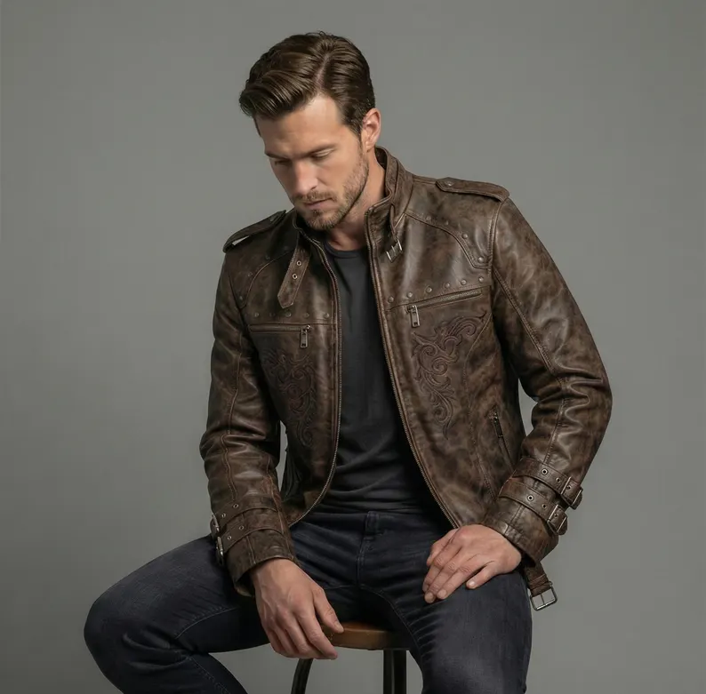 Brown Gothic Embroidered Leather Jacket Mens – Winter Streetwear Coat - Image 2