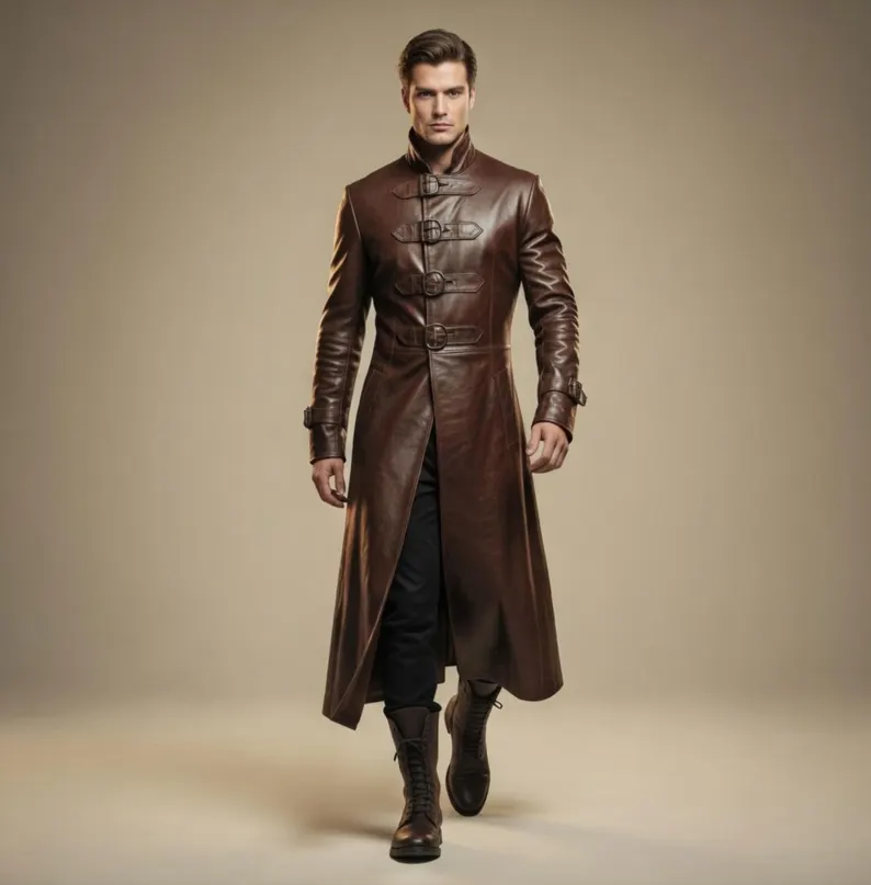 Leather Long Coat, Gothic Leather Trench Coat for Men, Vampire Cosplay Outfit, Dark Fantasy, Halloween Costume