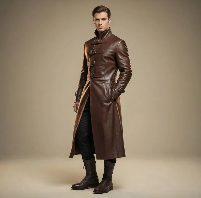 Leather Long Coat, Gothic Leather Trench Coat for Men, Vampire Cosplay Outfit, Dark Fantasy, Halloween Costume - Image 4