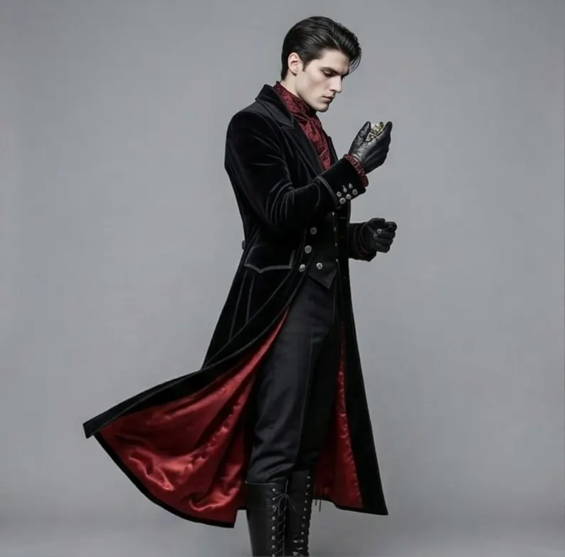 Black Vampire Tailcoat for Men, Halloween Festival Outfit, Long Gothic Cosplay Jacket, Masquerade Costume - Image 5