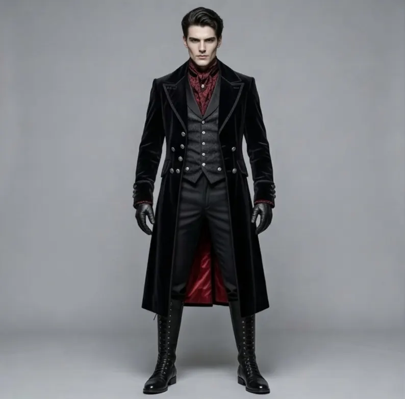 Black Vampire Tailcoat for Men, Halloween Festival Outfit, Long Gothic Cosplay Jacket, Masquerade Costume